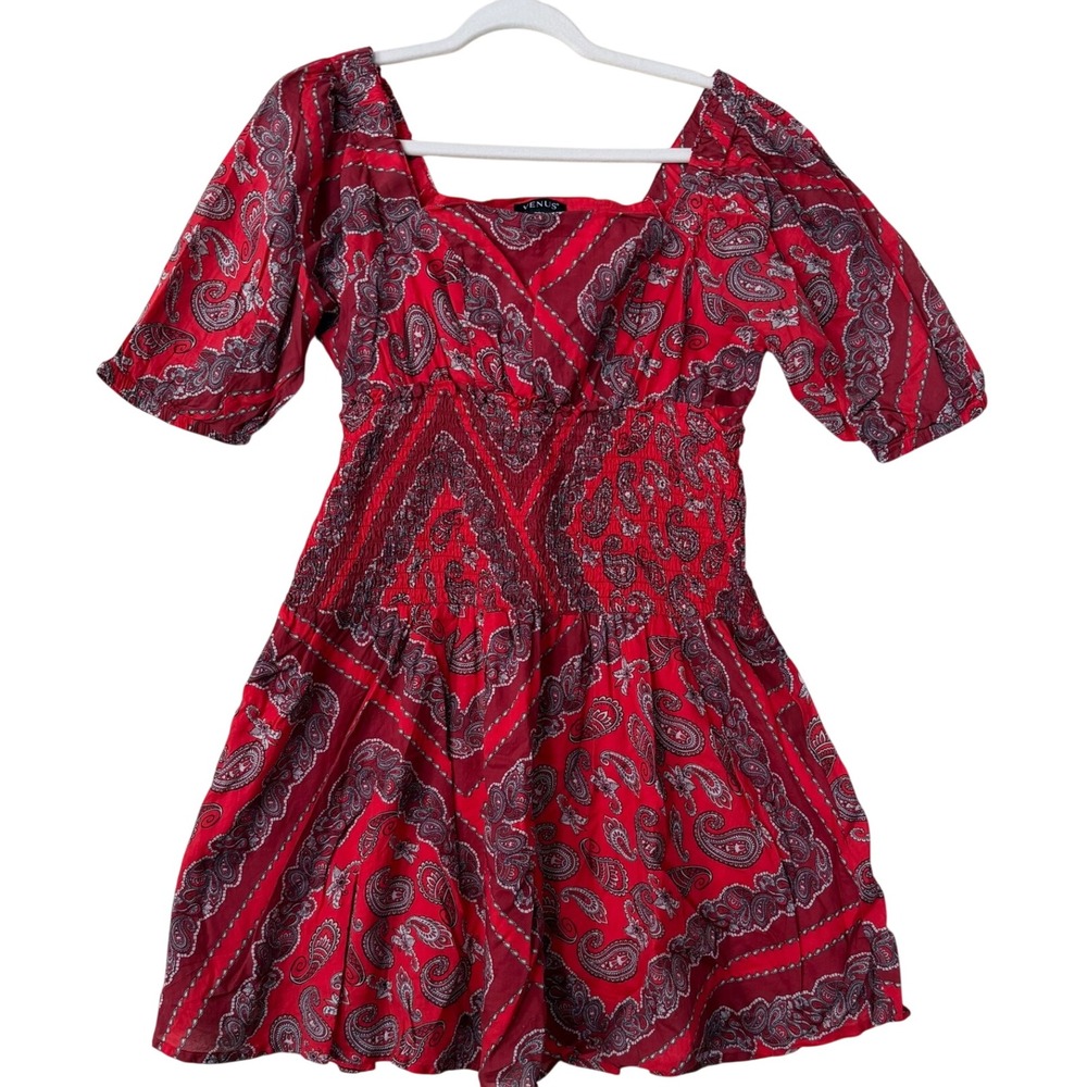 Venus Red Paisley Smocked Mini Dress Womens 12 Cotton Square Neck Short Sleeve